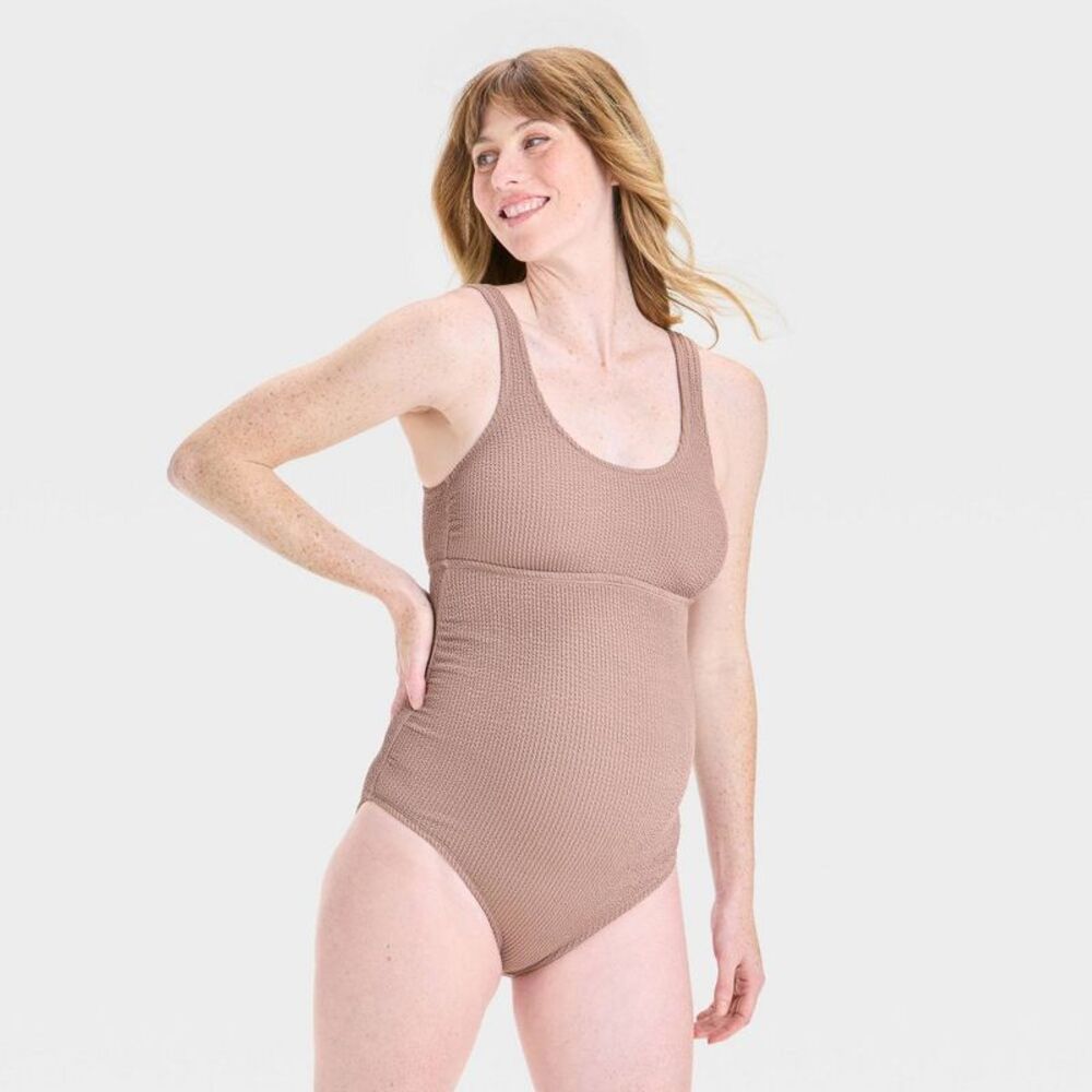 Crinkle Maternity Swimsuit - Brown M: Recycled Polyester Scoop Back